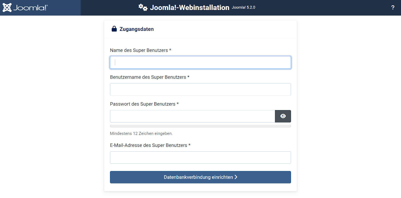 Joomla-Installation: Angaben zum Benutzer