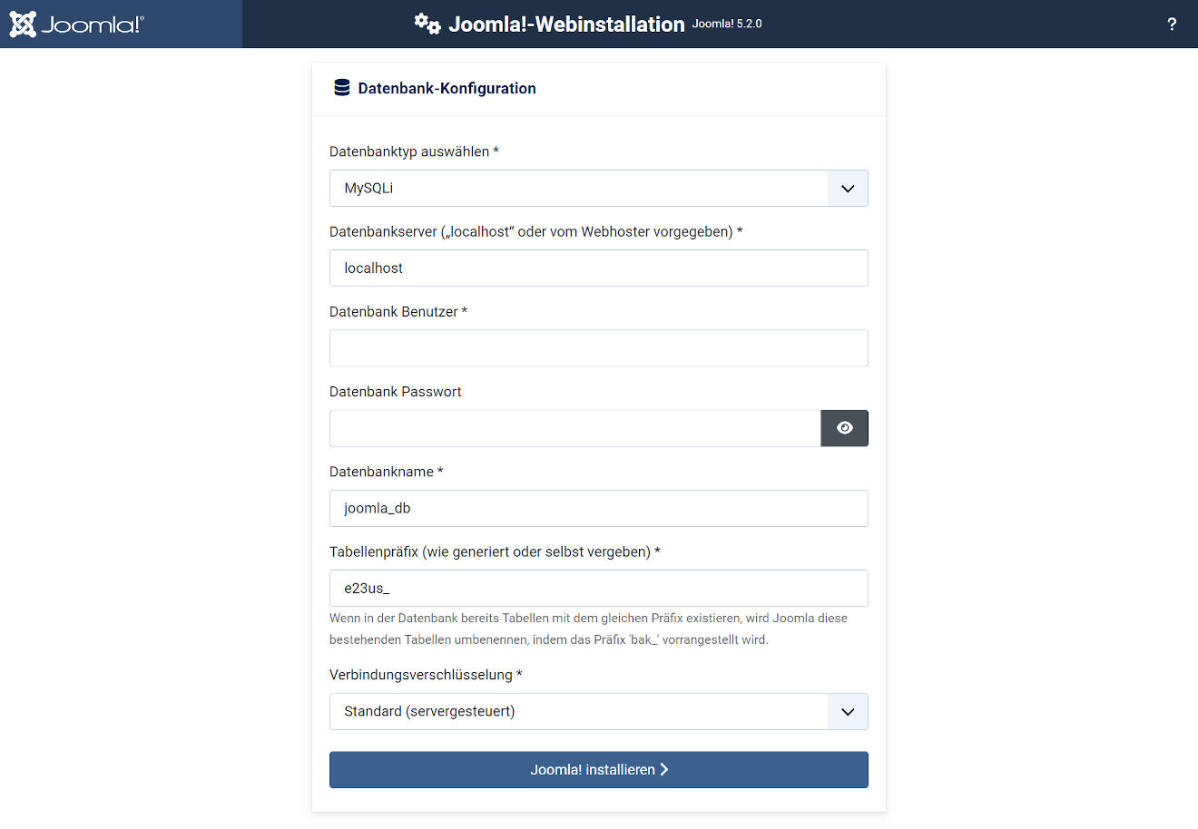 Joomla-Installation: Zugangsdaten Datenbank eingeben